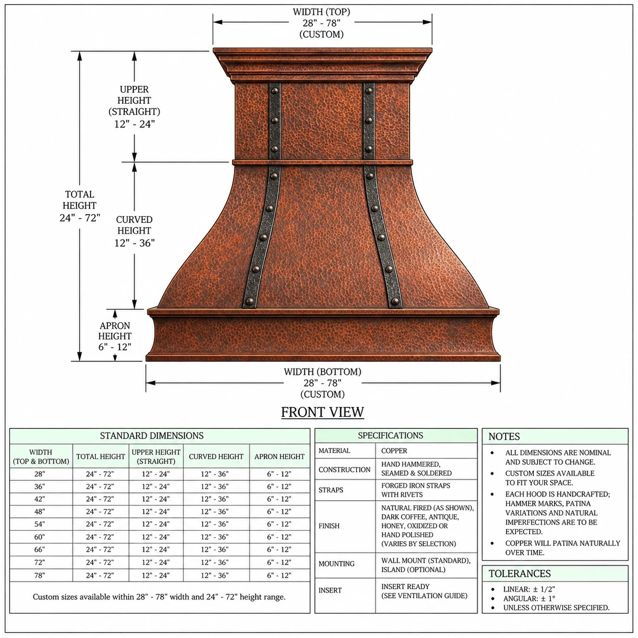 Bell copper range hood technical drawing showing proportions, bell profile, forged iron straps, apron, and crown