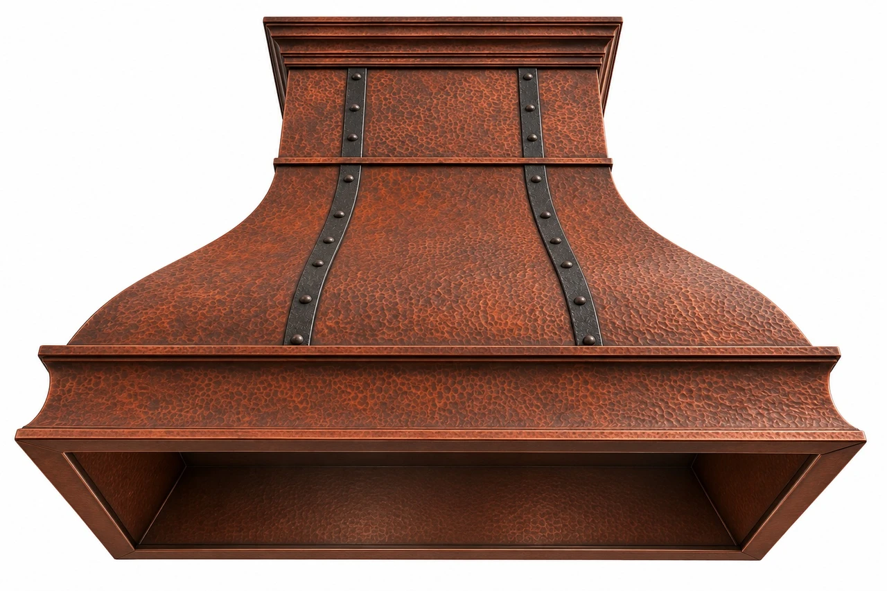 Underside view of bell copper range hood with insert opening and copper finish