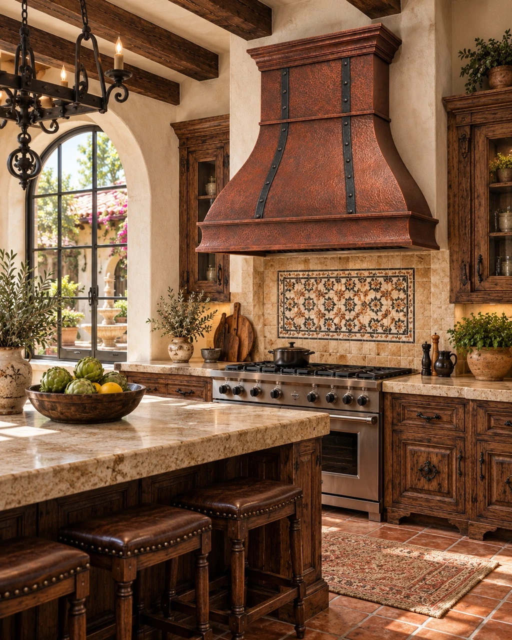 Hacienda kitchen with bell copper range hood, forged iron straps, stone, timber, and stepped crown