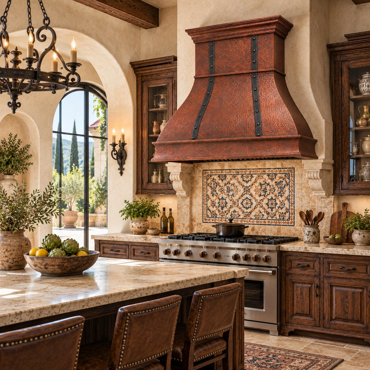 Mediterranean kitchen with bell copper range hood, forged iron straps, plaster, stone, and tile