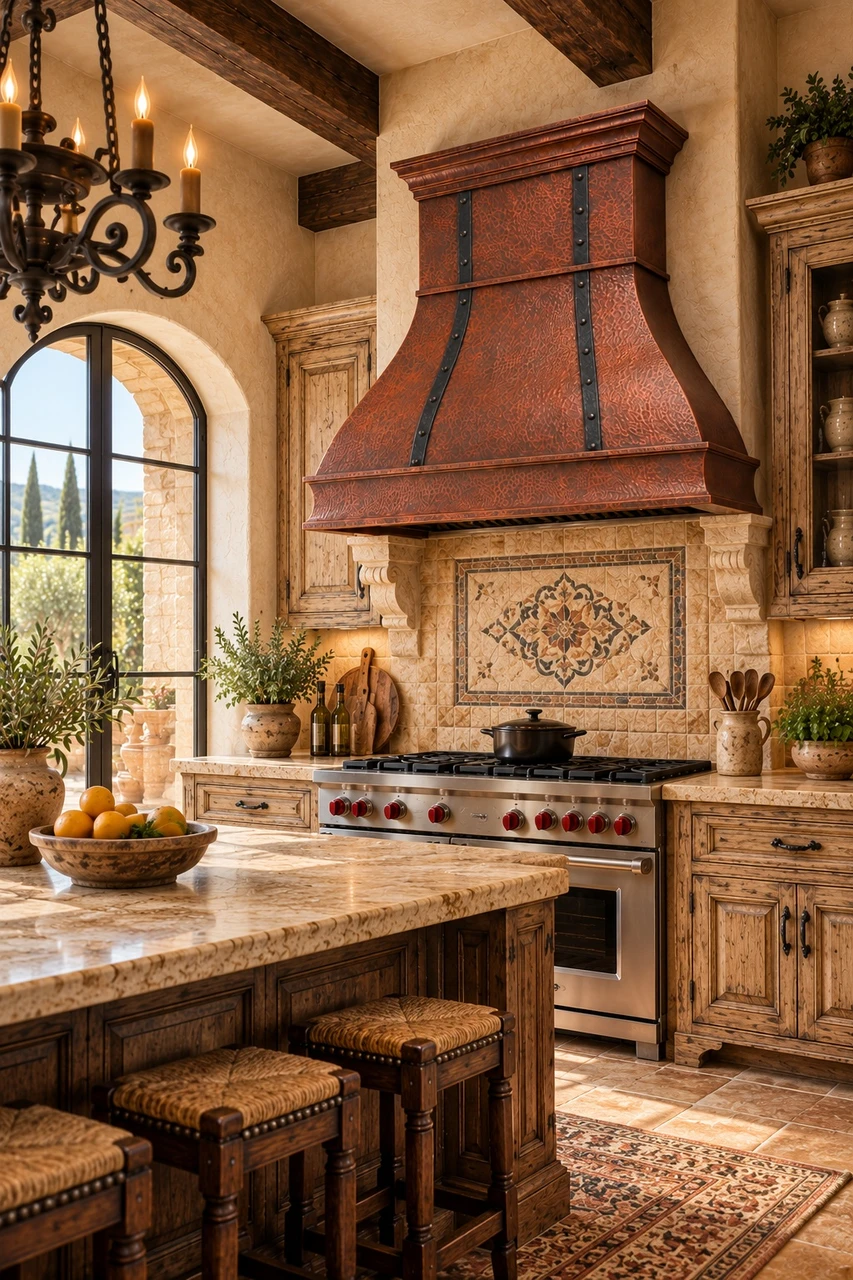 Tuscan old-world kitchen with bell copper range hood, forged iron straps, travertine, and stepped crown