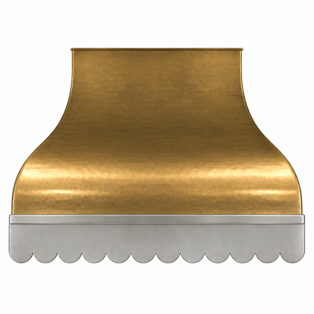 Brass range hood with zinc apron, iron frame, and sculptural bell canopy