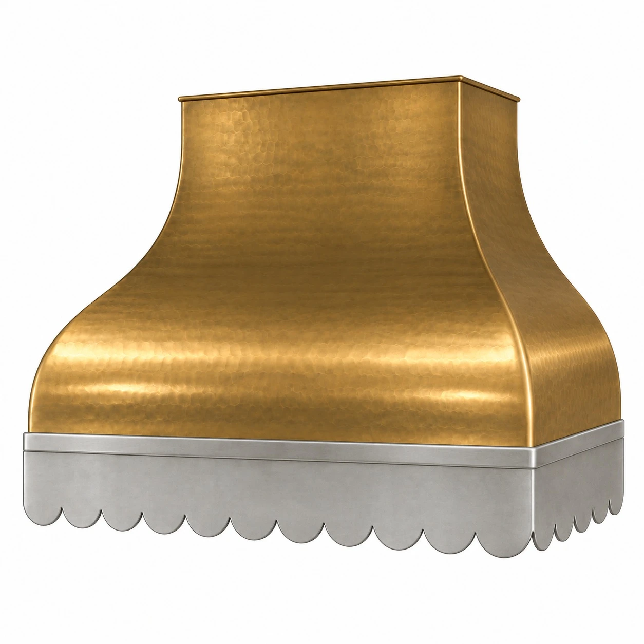 Angled view of brass range hood with zinc apron and iron frame detail