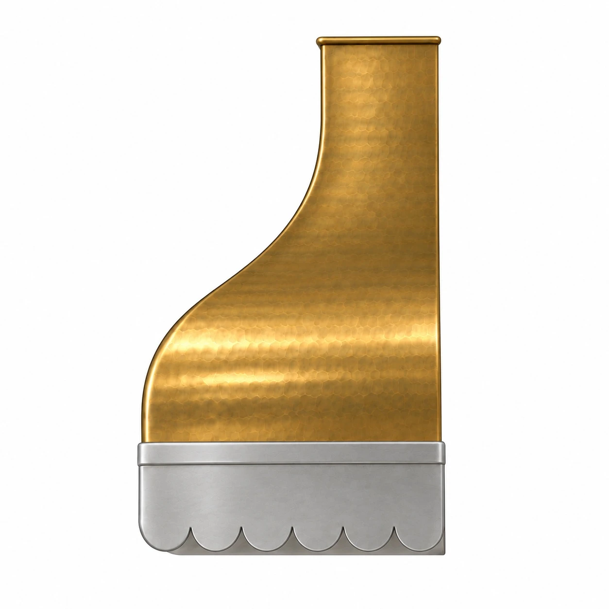 Side view of brass range hood with zinc apron showing curved canopy projection