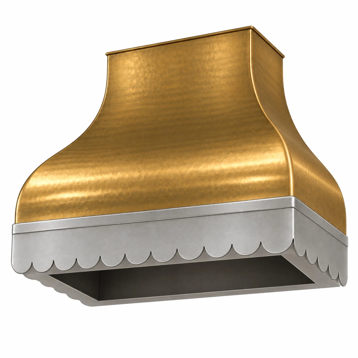 Underside view of brass range hood with zinc apron and insert opening