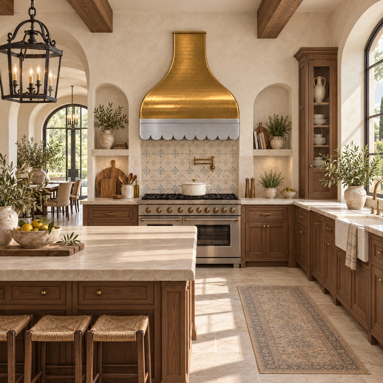Mediterranean kitchen with brass range hood, zinc apron, plaster, stone, and warm tile