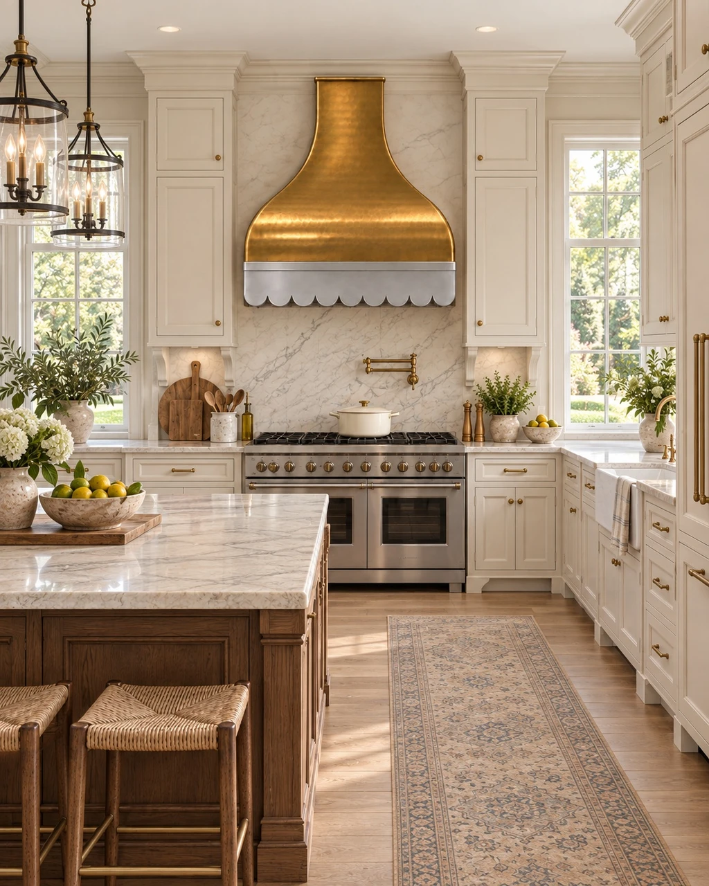 Traditional American kitchen with brass range hood, zinc apron, iron frame, cabinetry, and stone