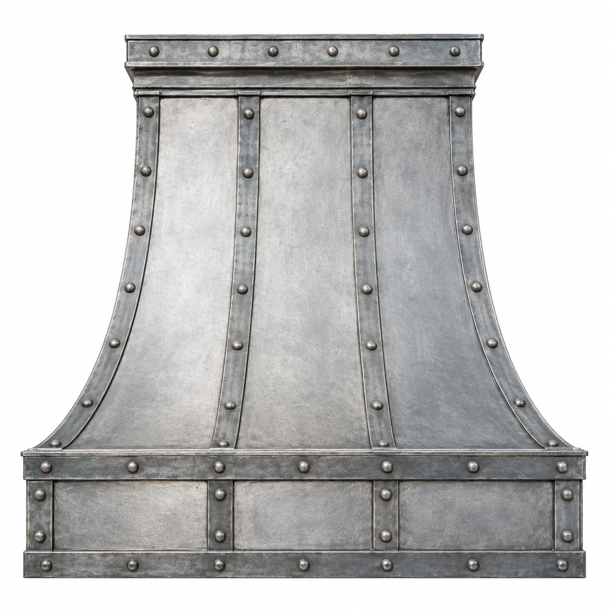 Industrial zinc bell range hood with riveted frame and paneled apron