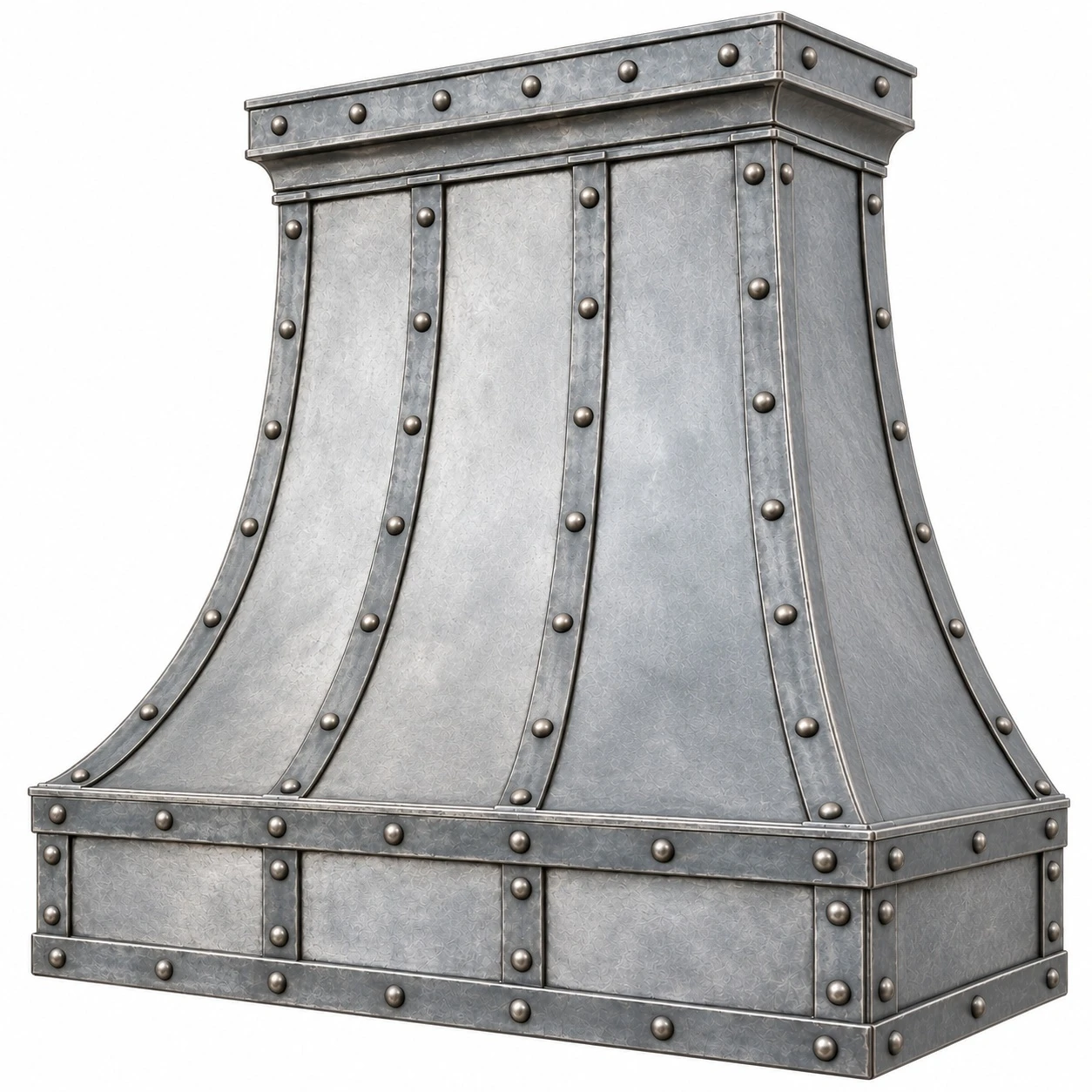 Angled view of industrial zinc bell range hood with riveted frame and paneled apron