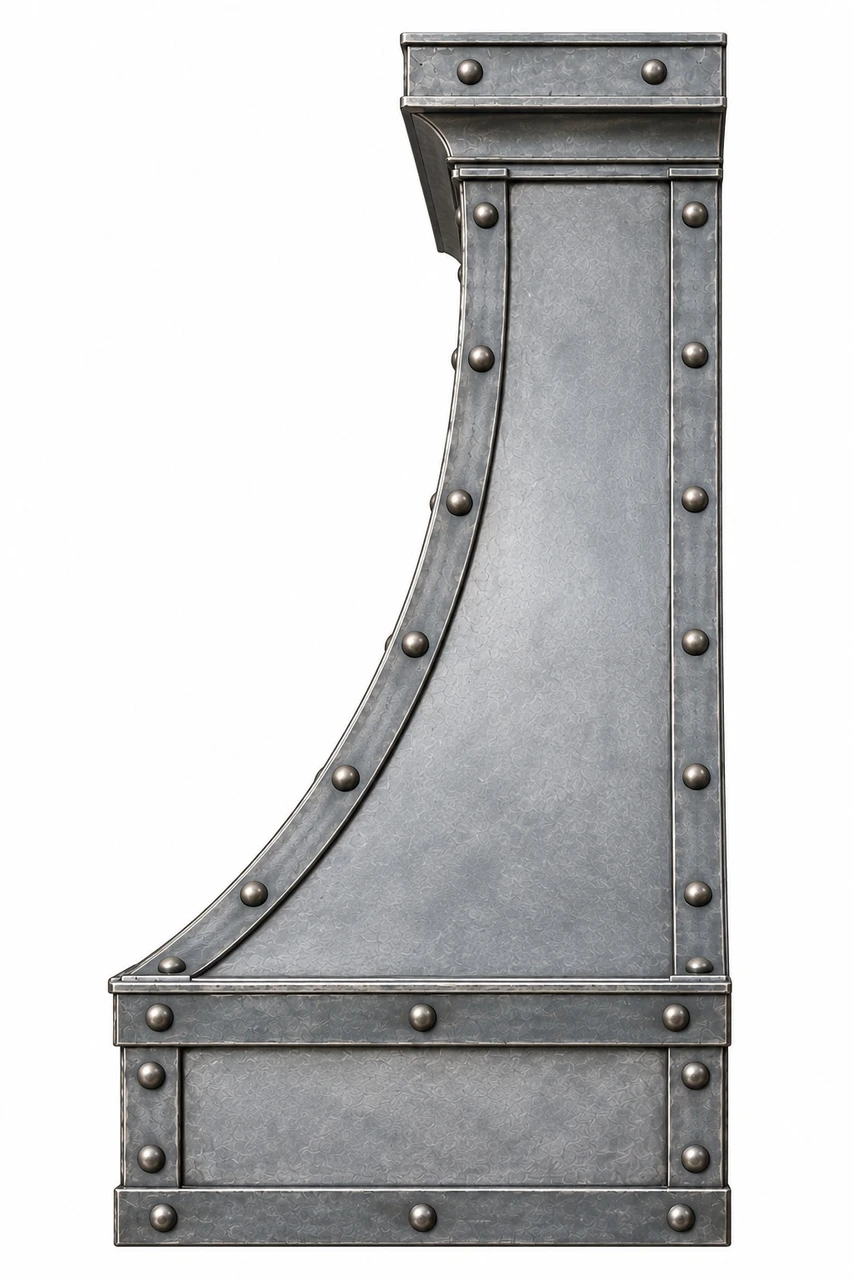Side view of industrial zinc bell range hood showing curved canopy projection
