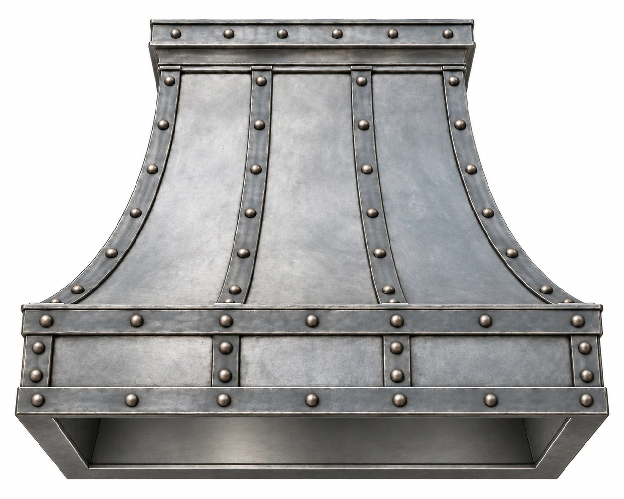 Underside view of industrial zinc bell range hood with insert opening preparation