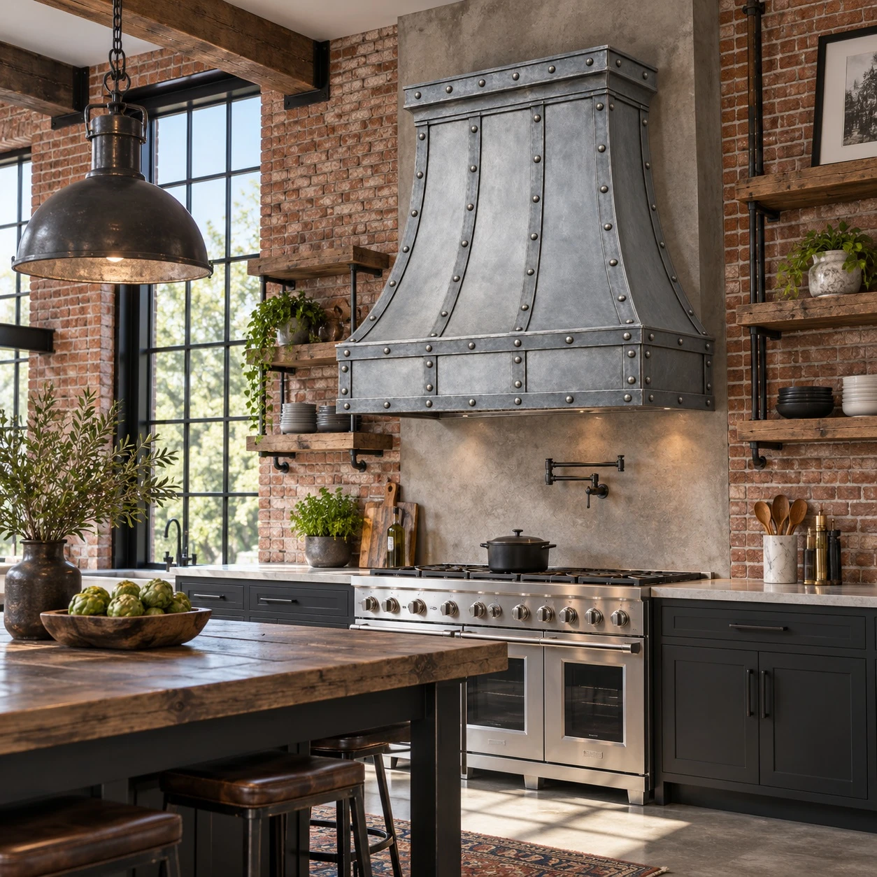 Industrial loft kitchen with zinc bell range hood, paneled apron, rivets, brick, steel, and wood