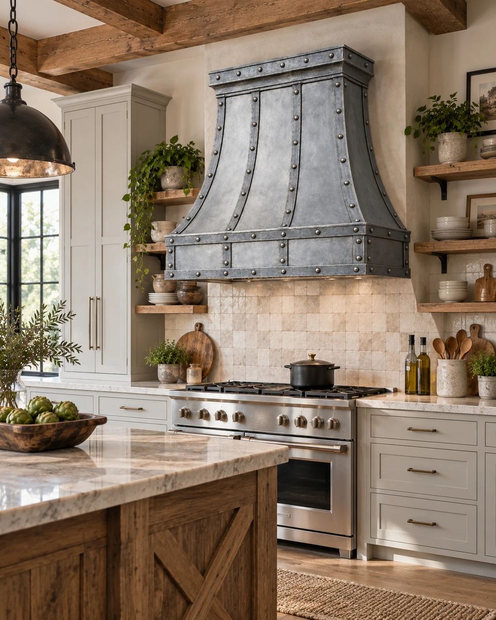 Industrial zinc range hood in farmhouse kitchen with painted cabinetry, handmade tile, oak island and exposed beams