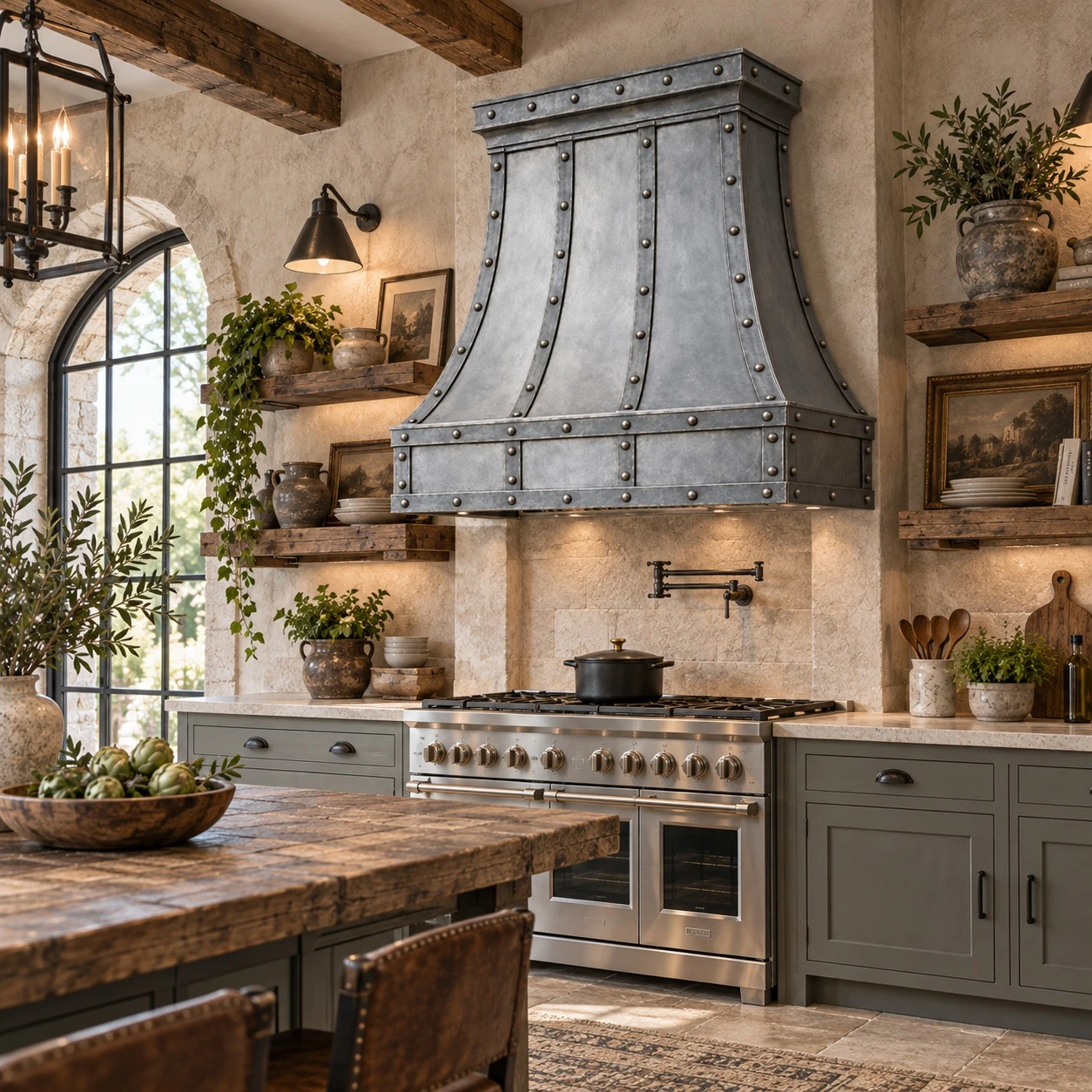 Industrial European kitchen with zinc bell range hood, paneled apron, aged plaster, limestone, and oak