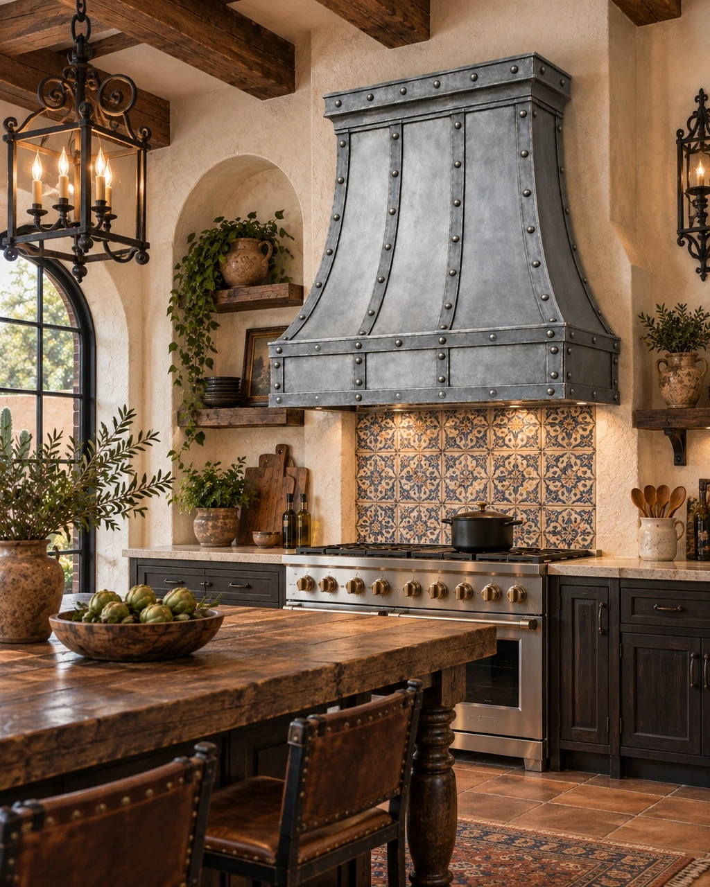 Industrial zinc range hood in Spanish Colonial kitchen with plaster, handmade tile, dark wood and iron lighting