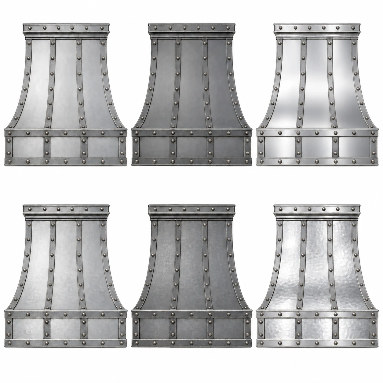 Industrial zinc bell range hood shown in six smooth and hammered zinc finish options