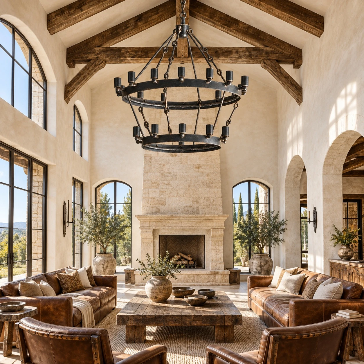 Two-tier iron chandelier in a bright vaulted great room with timber beams, stone fireplace, and leather seating