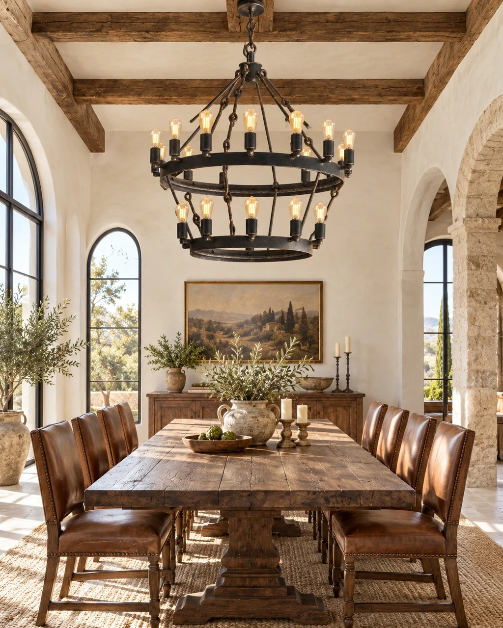 Two-tier Spanish Colonial iron chandelier above large dining table with wood furniture, plaster walls, beams, and candle bulbs