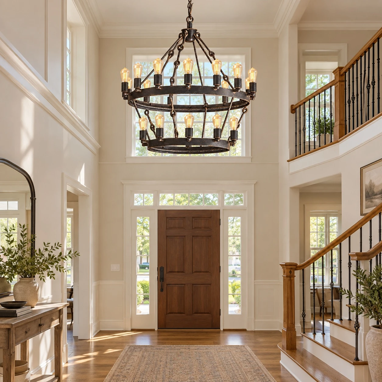 Two-tier iron chandelier in a sunlit two-story suburban foyer with an oak staircase and open upper landing
