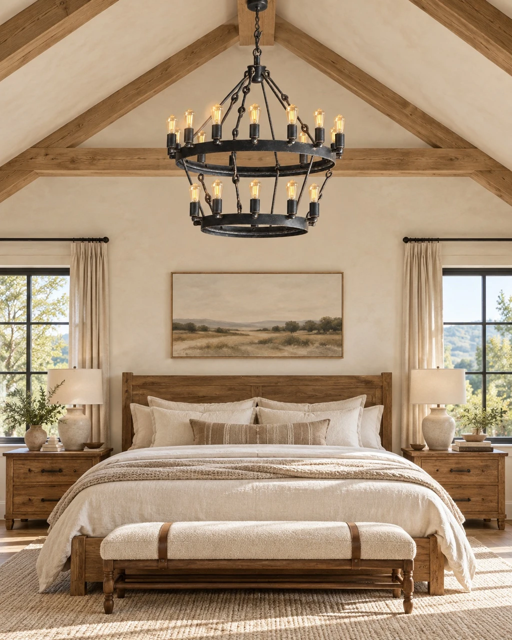 Two-tier Spanish Colonial iron chandelier in vaulted primary bedroom with wood furniture, linen bedding, plaster walls, and beams