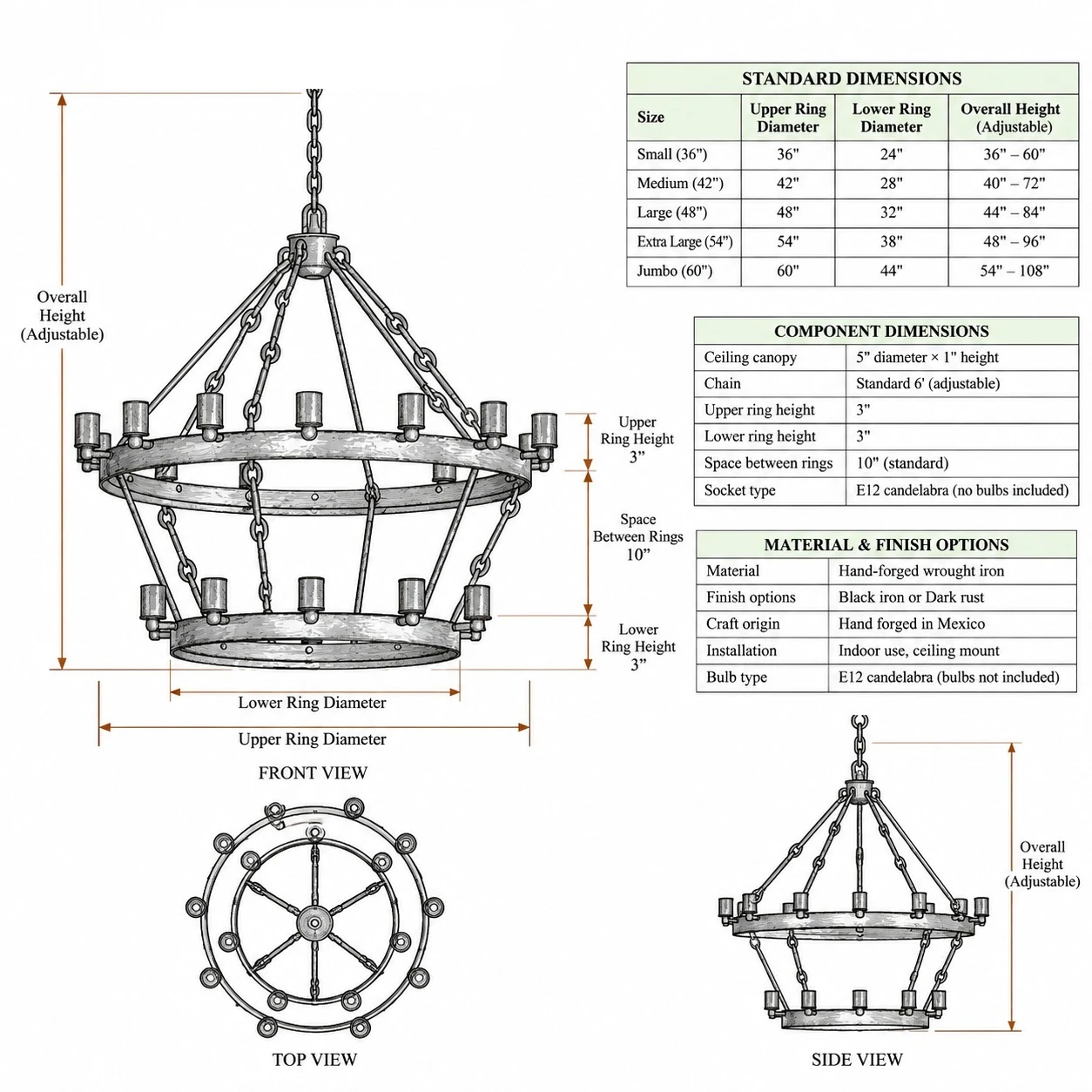 technical drawing of two-tier Spanish Colonial iron chandelier with proportions