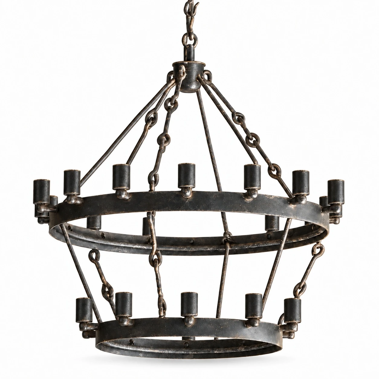 two-tier Spanish Colonial iron chandelier in Black Iron finish with open circular frame