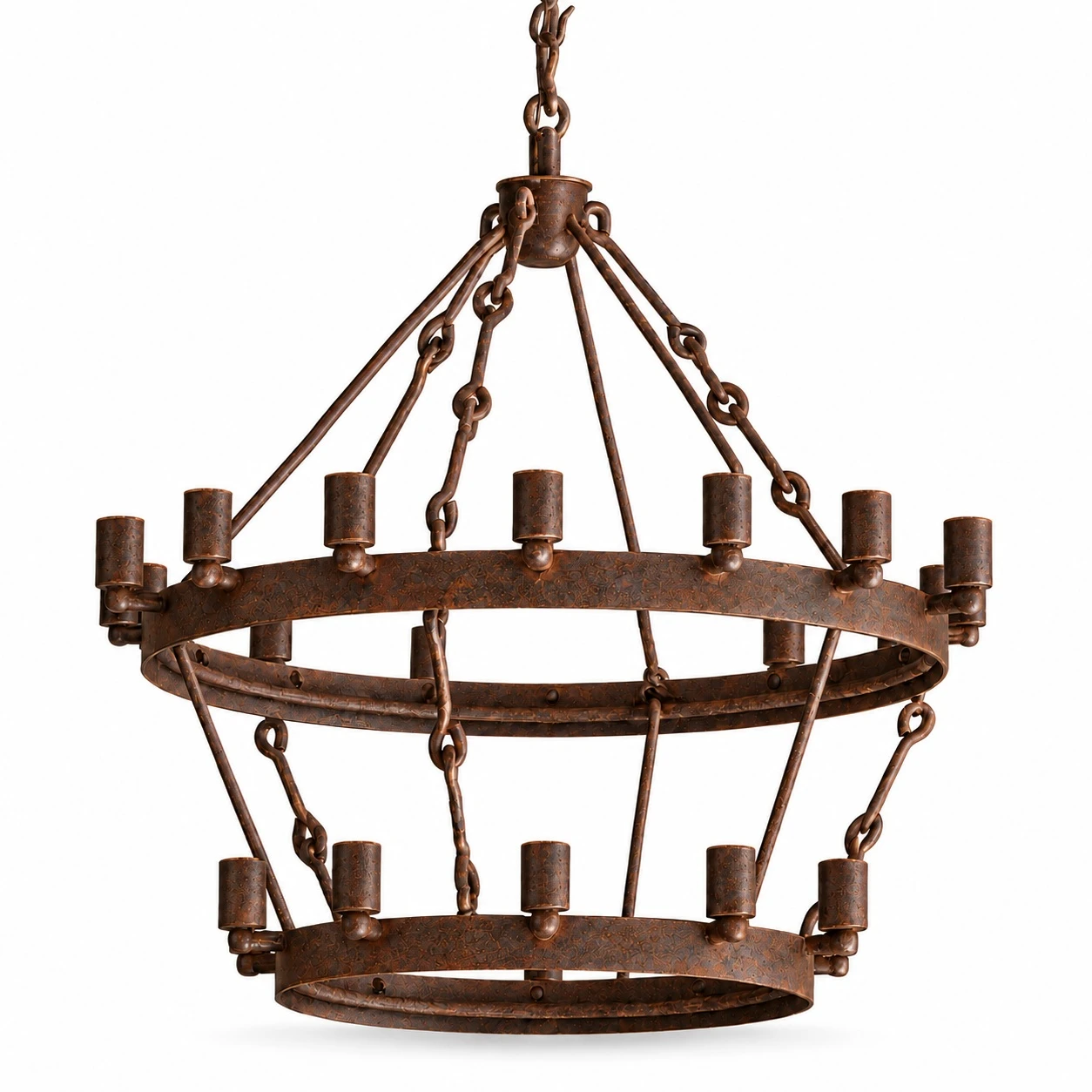 two-tier Spanish Colonial iron chandelier in Dark Rust finish with forged circular frame