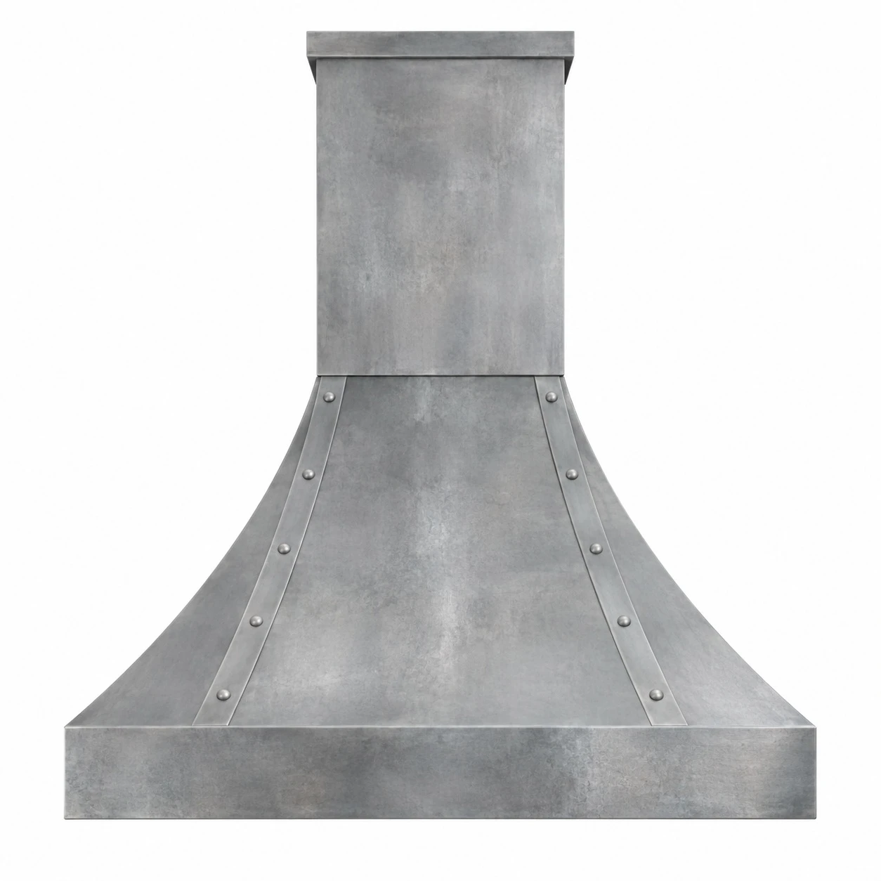 zinc bell range hood with twin riveted straps, plain apron, and tall square chimney