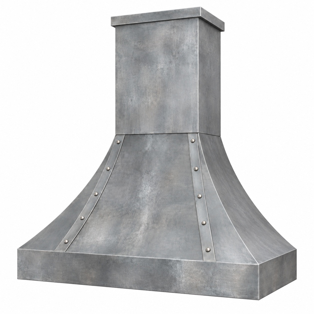 angled view of zinc bell range hood with twin straps and plain lower apron