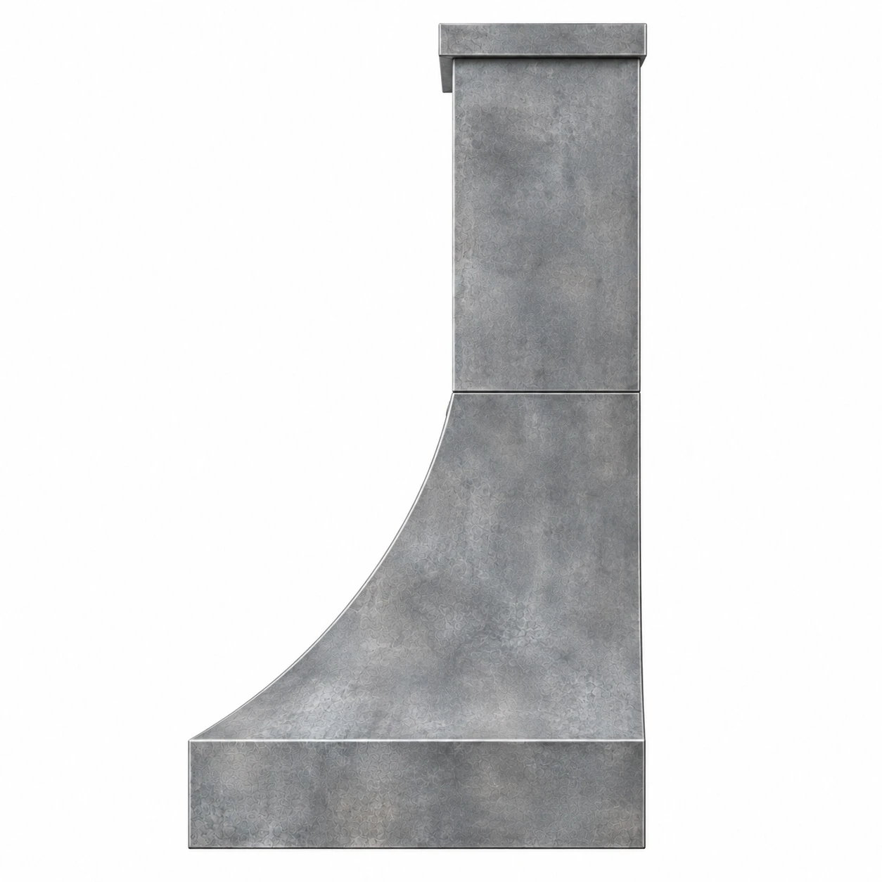 side profile of zinc bell range hood showing curved canopy and chimney projection