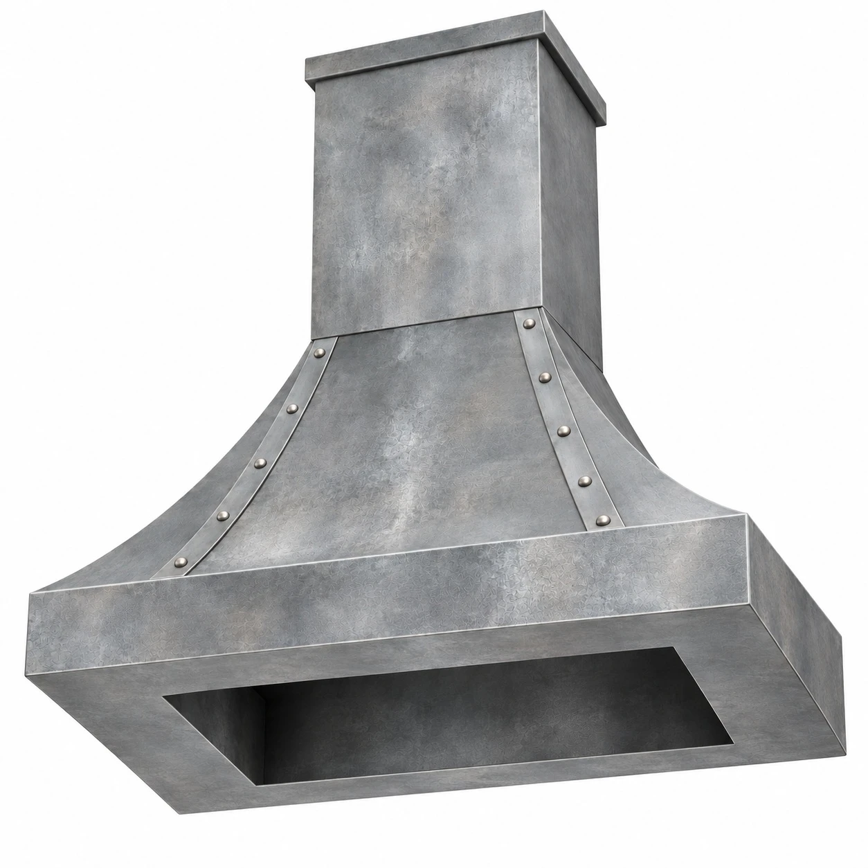underside view of zinc bell range hood showing ventilation insert opening