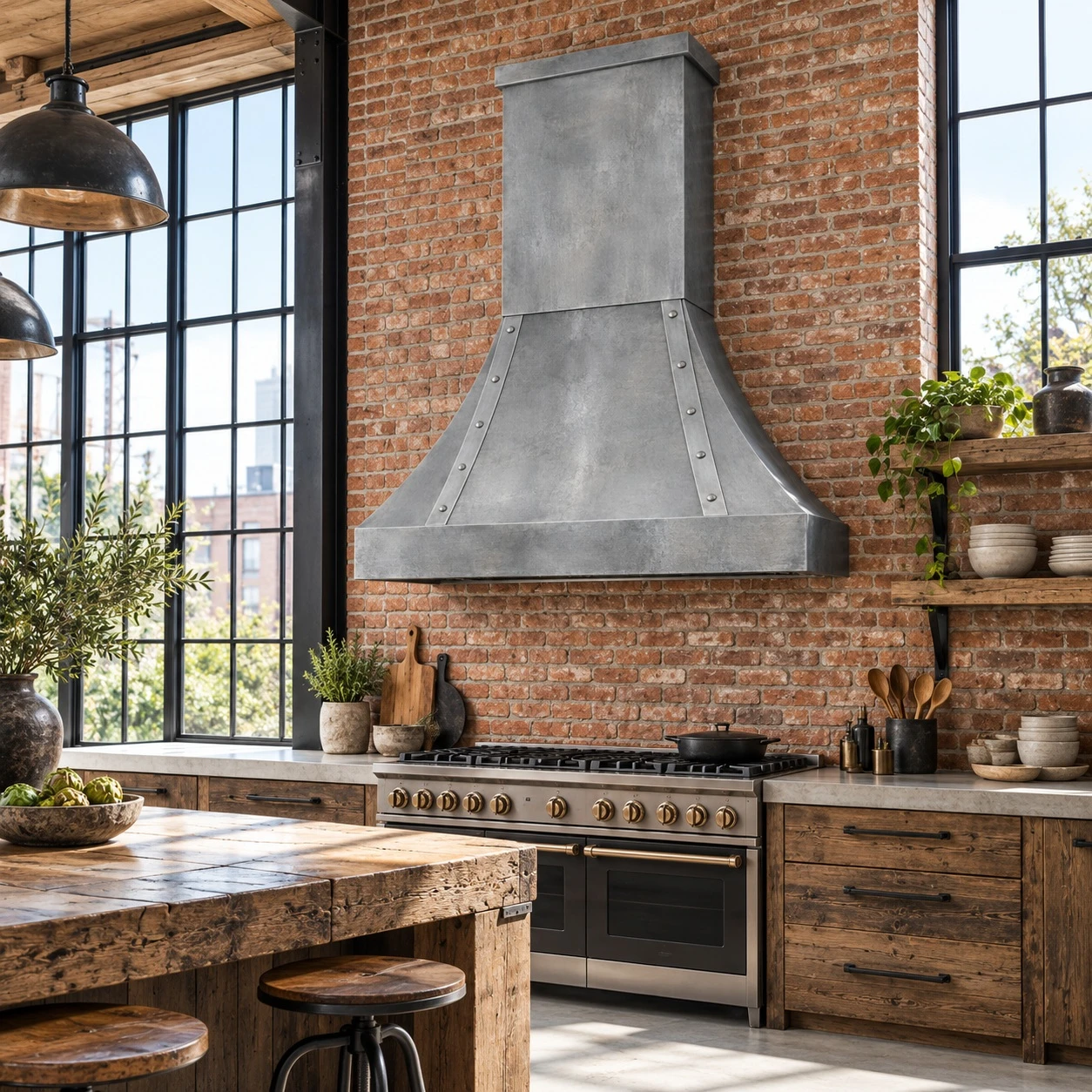 Zinc bell range hood with twin straps in industrial loft kitchen with brick, dark metal, wood, and concrete
