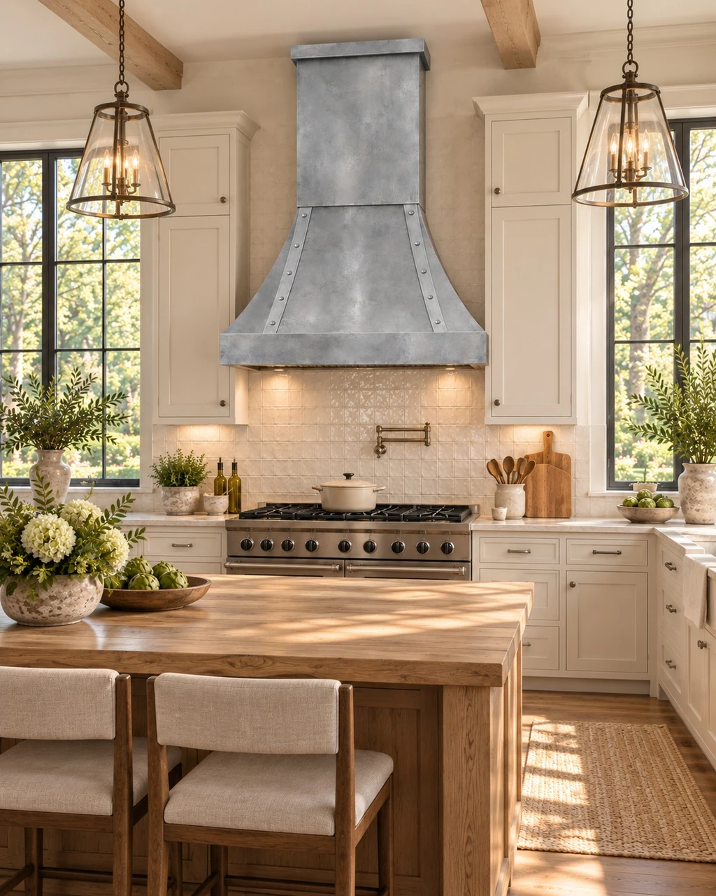 Zinc bell range hood with twin straps in modern farmhouse kitchen with painted cabinets, oak, plaster, and stone