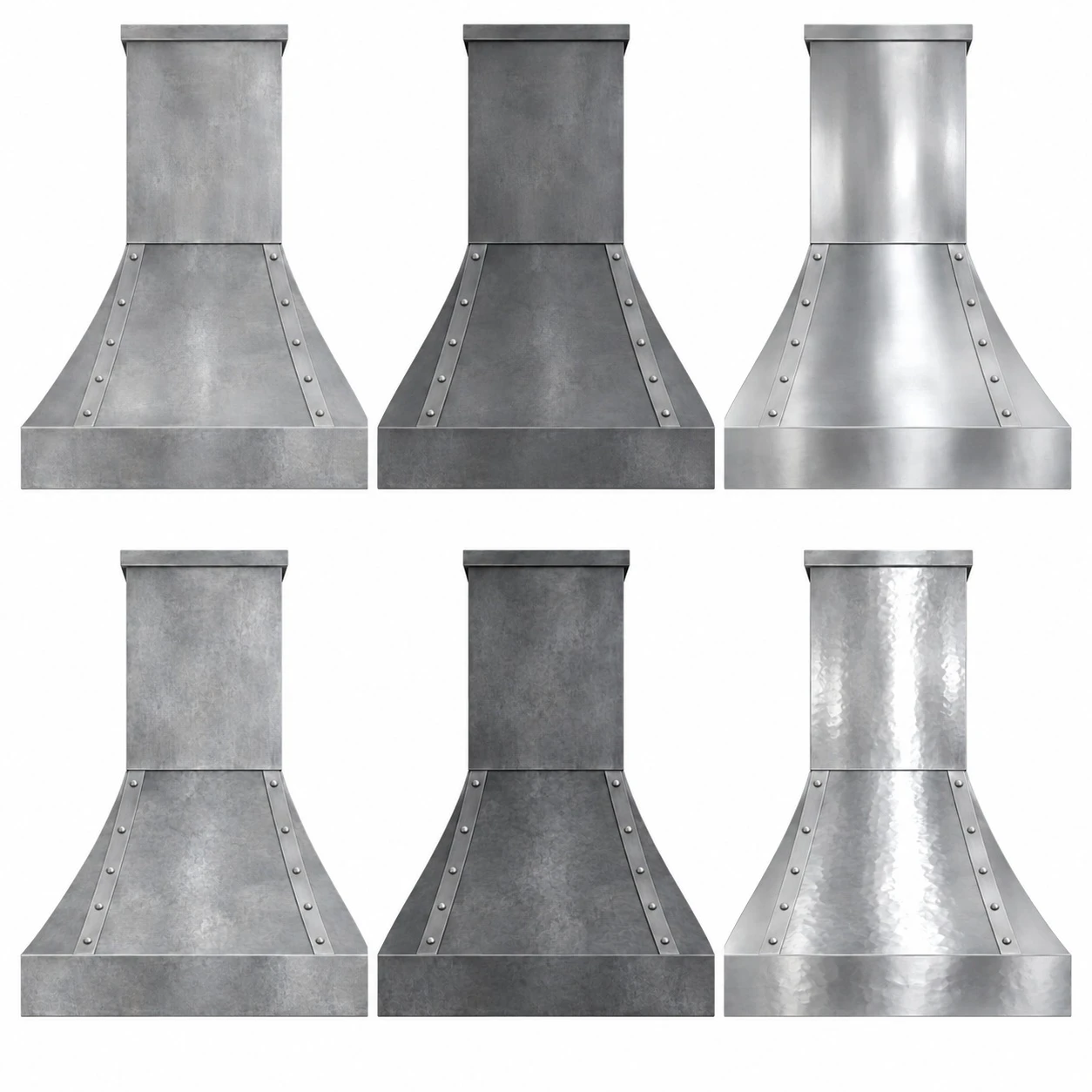 zinc bell range hood shown in six smooth and hammered zinc finish options