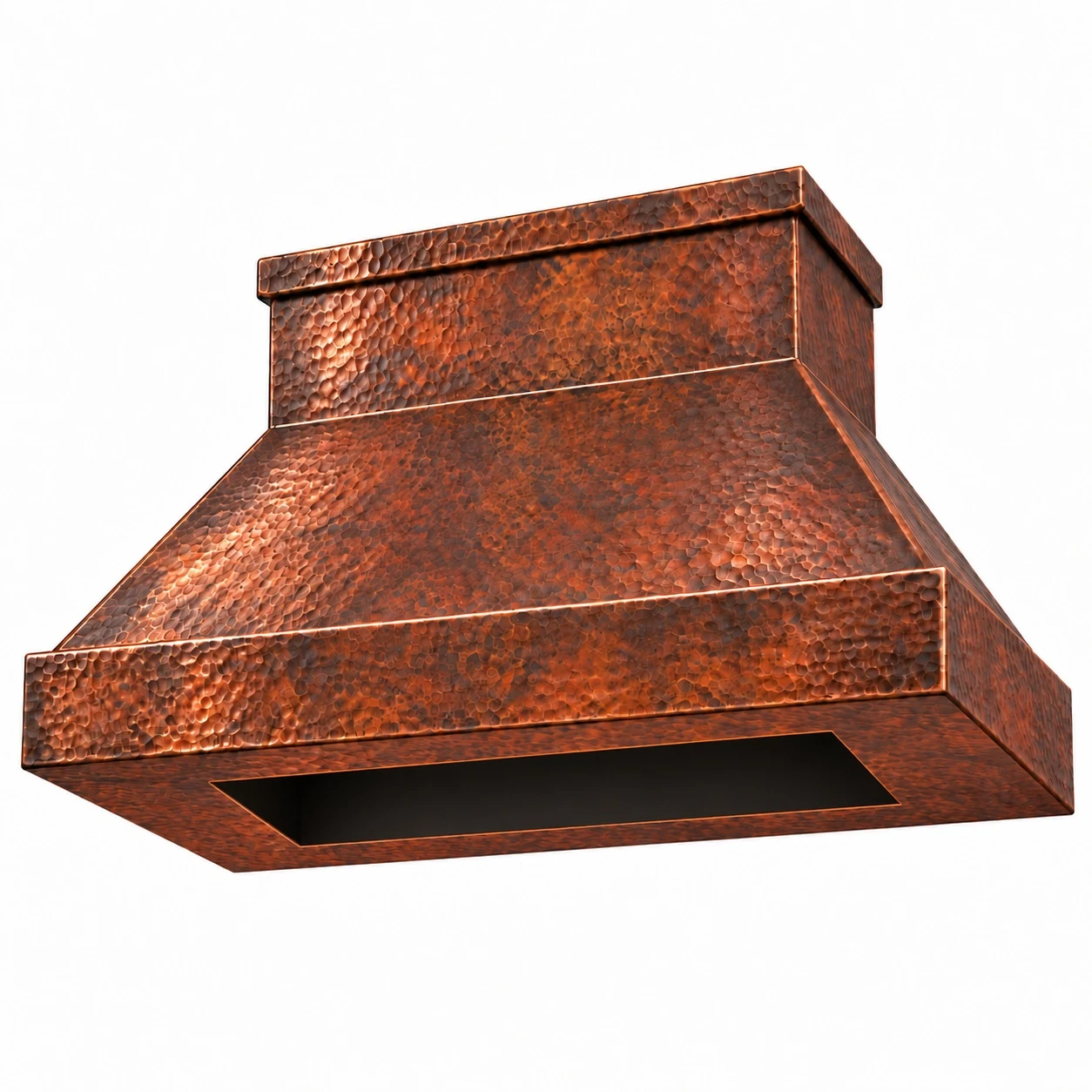 Underside of hammered copper range hood with rectangular insert opening and copper border beneath the apron