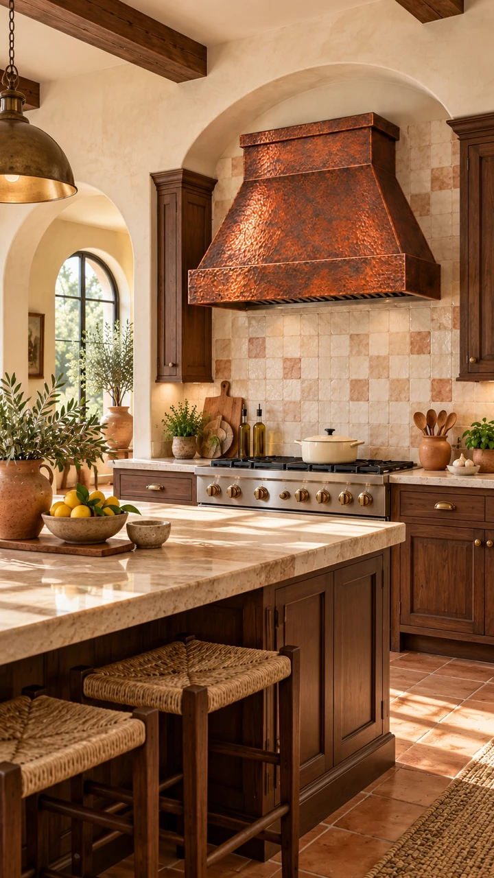 Hammered copper box chimney range hood in a Mediterranean kitchen with warm tile and rustic architectural finishes