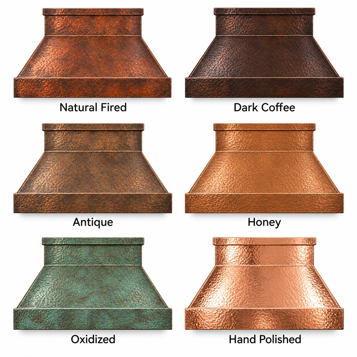 Hammered copper hood finishes in Natural Fired, Dark Coffee, Antique, Honey, Oxidized and Hand Polished