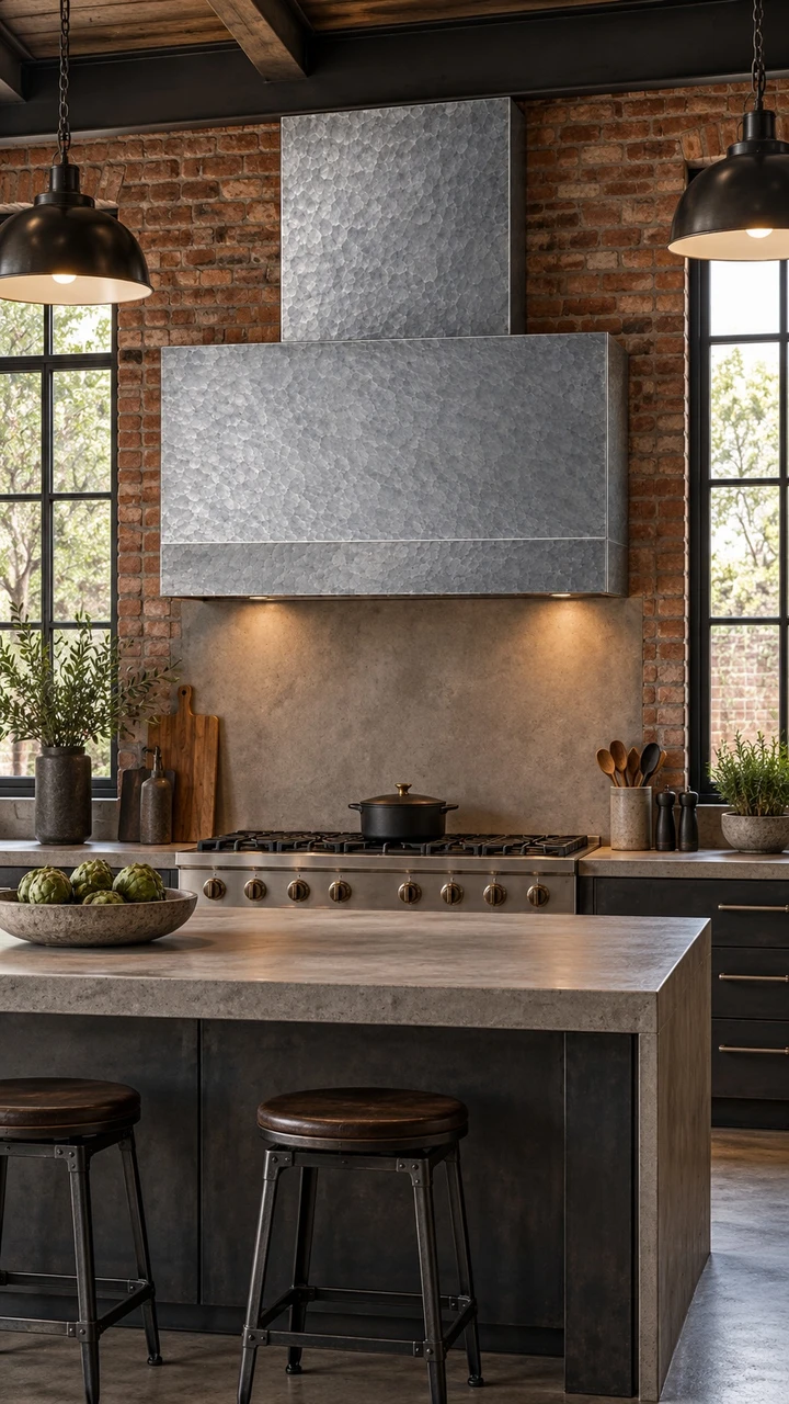 Hammered zinc rectangular range hood in an industrial kitchen with exposed brick, concrete and dark steel