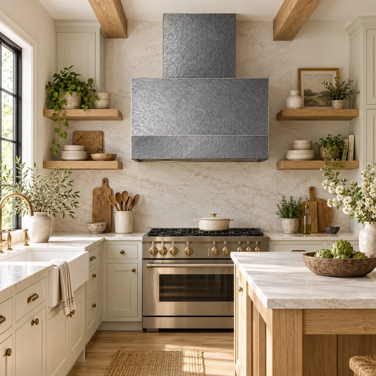Hammered zinc rectangular canopy hood in a modern farmhouse kitchen with painted cabinets and natural wood