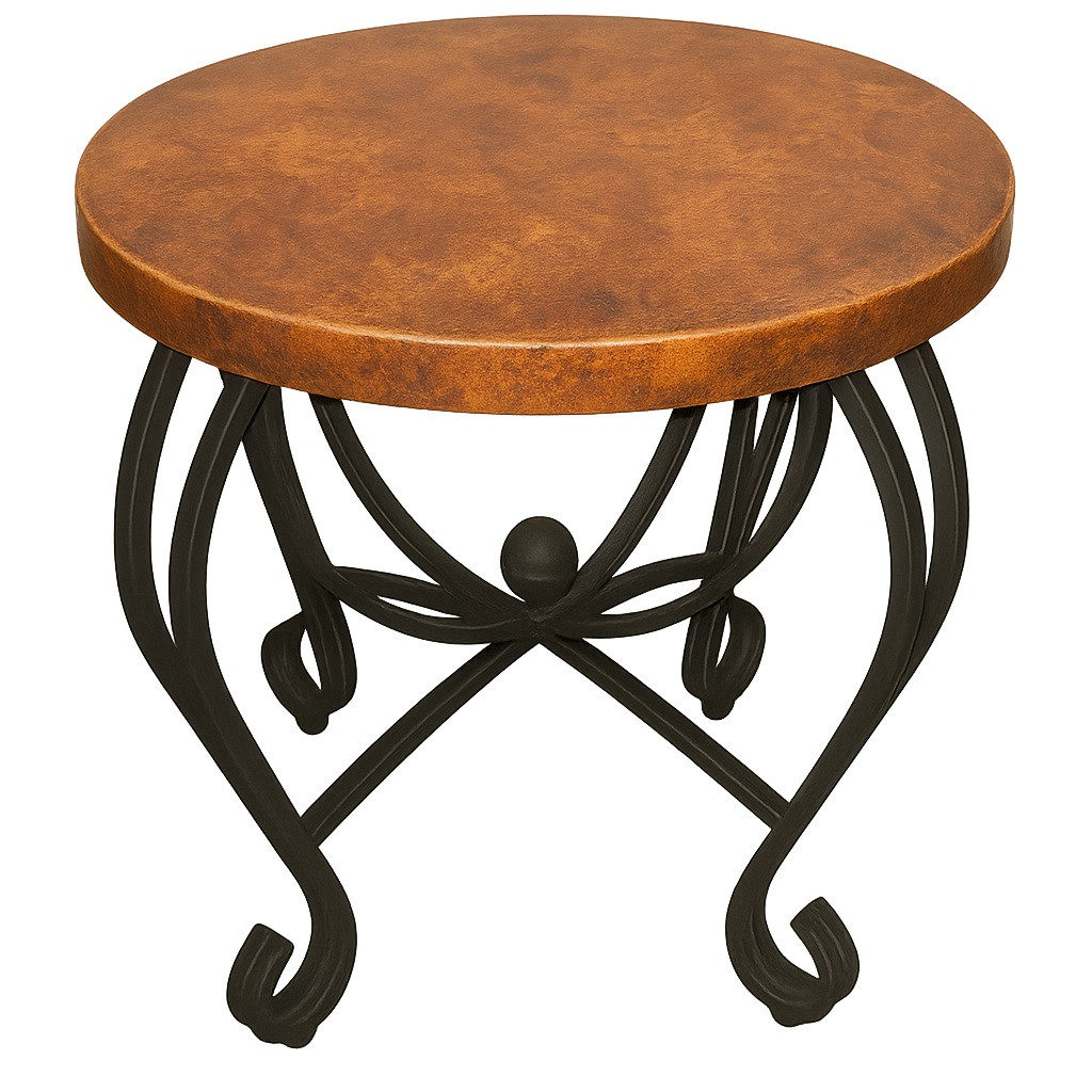 Spanish style copper iron table with round copper top and decorative wrought iron scroll-leg base