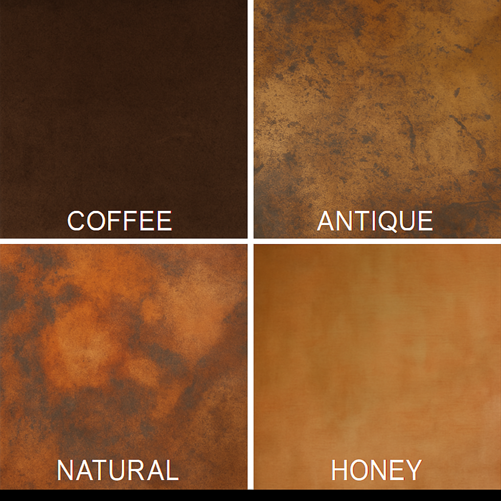 Spanish style copper iron table top finishes displayed in four warm handcrafted copper patina variations