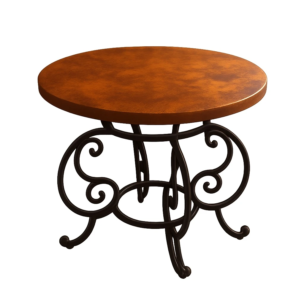 Handcrafted round copper table with a Spanish colonial wrought iron base