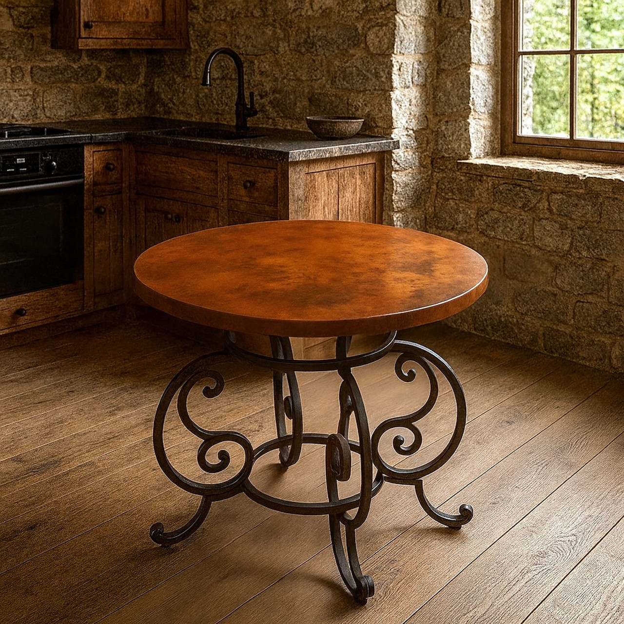 Handcrafted round copper table with wrought iron base shown in a warm rustic interior

