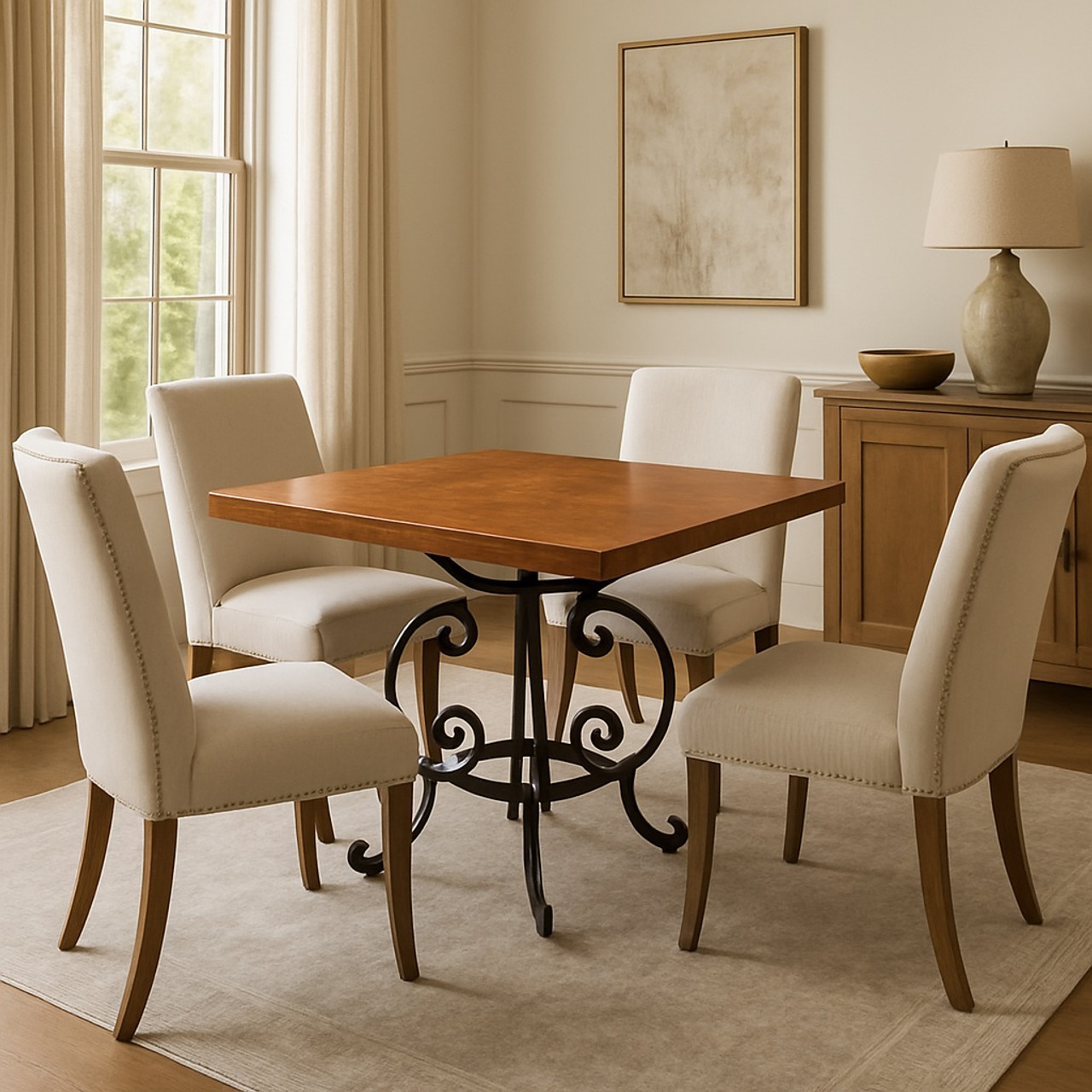 Handcrafted round copper table with a Spanish wrought iron base placed in a transitional dining space