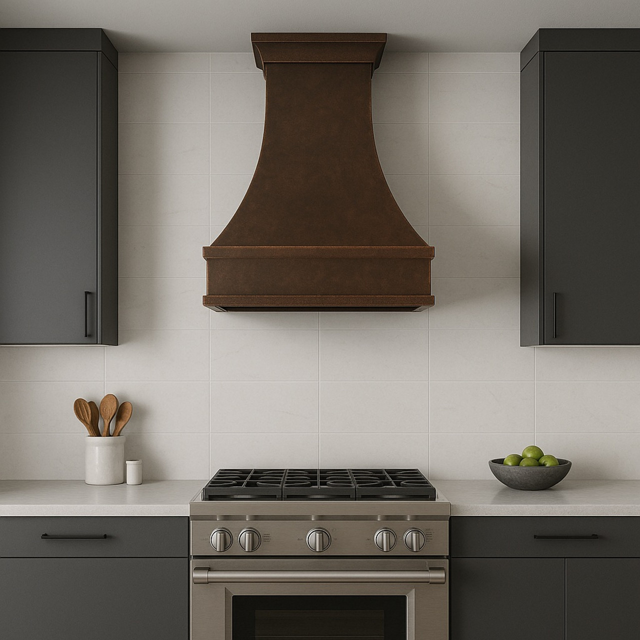 Modern kitchen with a custom hammered copper hood