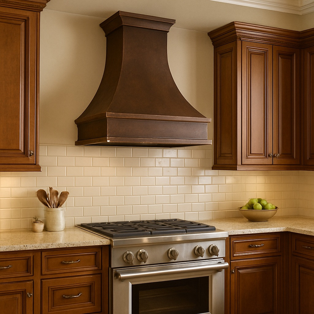 Custom hammered copper range hood in traditional kitchen setting