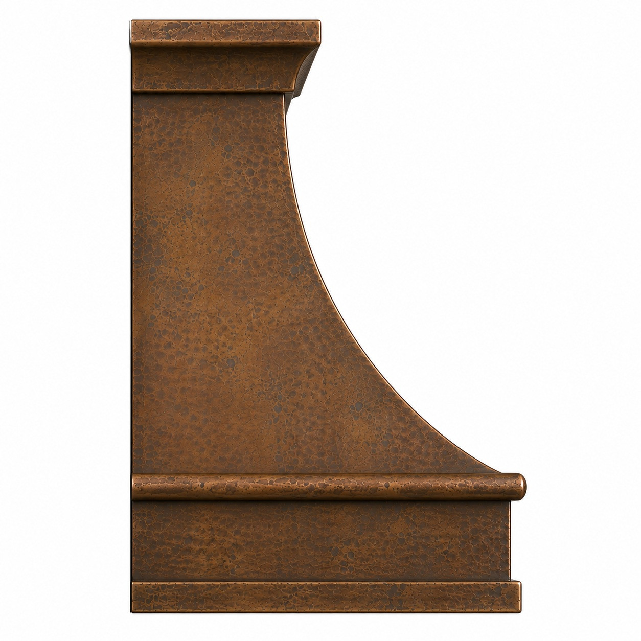 Side view of custom hammered copper range hood showing curved bell profile, projecting apron and layered crown molding