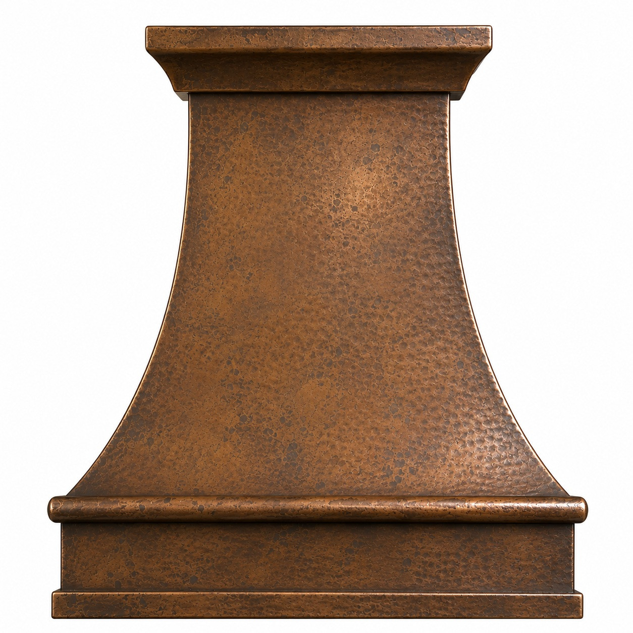 Hammered copper bell range hood with layered crown, deep apron, warm patina, and curved body
