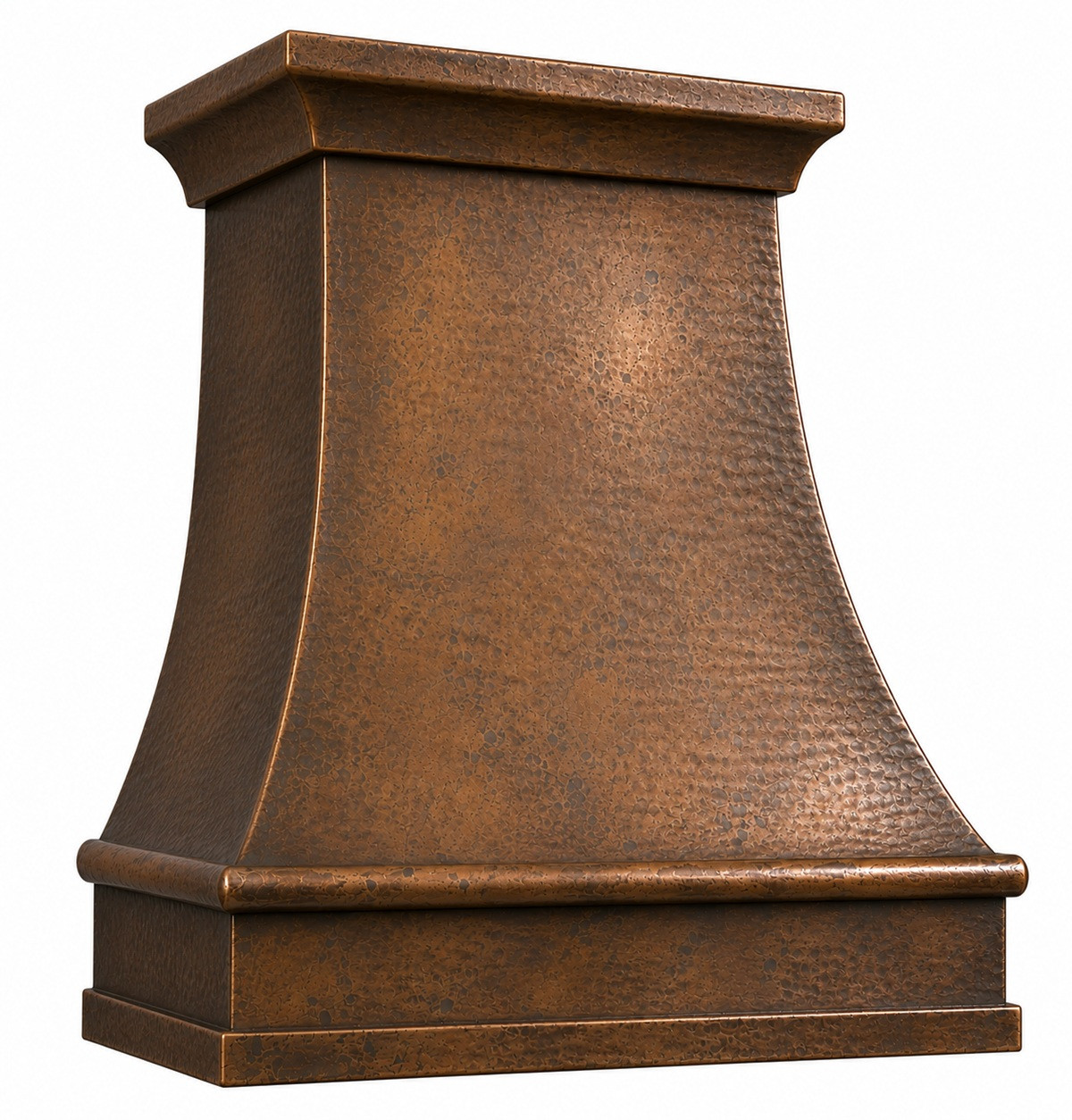 Angled view of hammered copper range hood highlighting bell-shaped body, textured patina, deep apron and broad crown