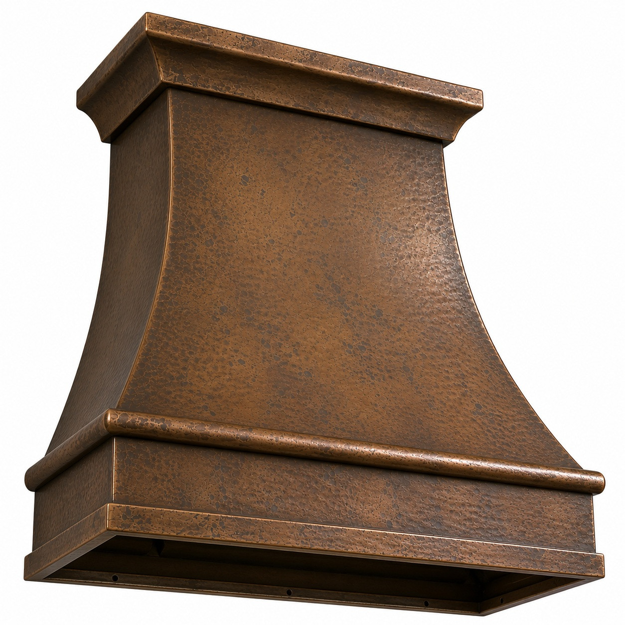 Underside view of custom copper range hood configured and fabricated to accommodate the buyer-selected ventilation insert